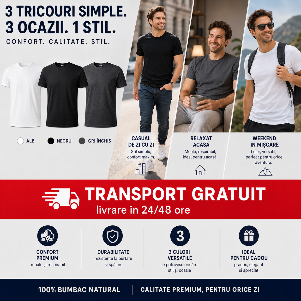 Tricouri bărbați alb negru și gri din bumbac 100% model 129 pentru ținute casual